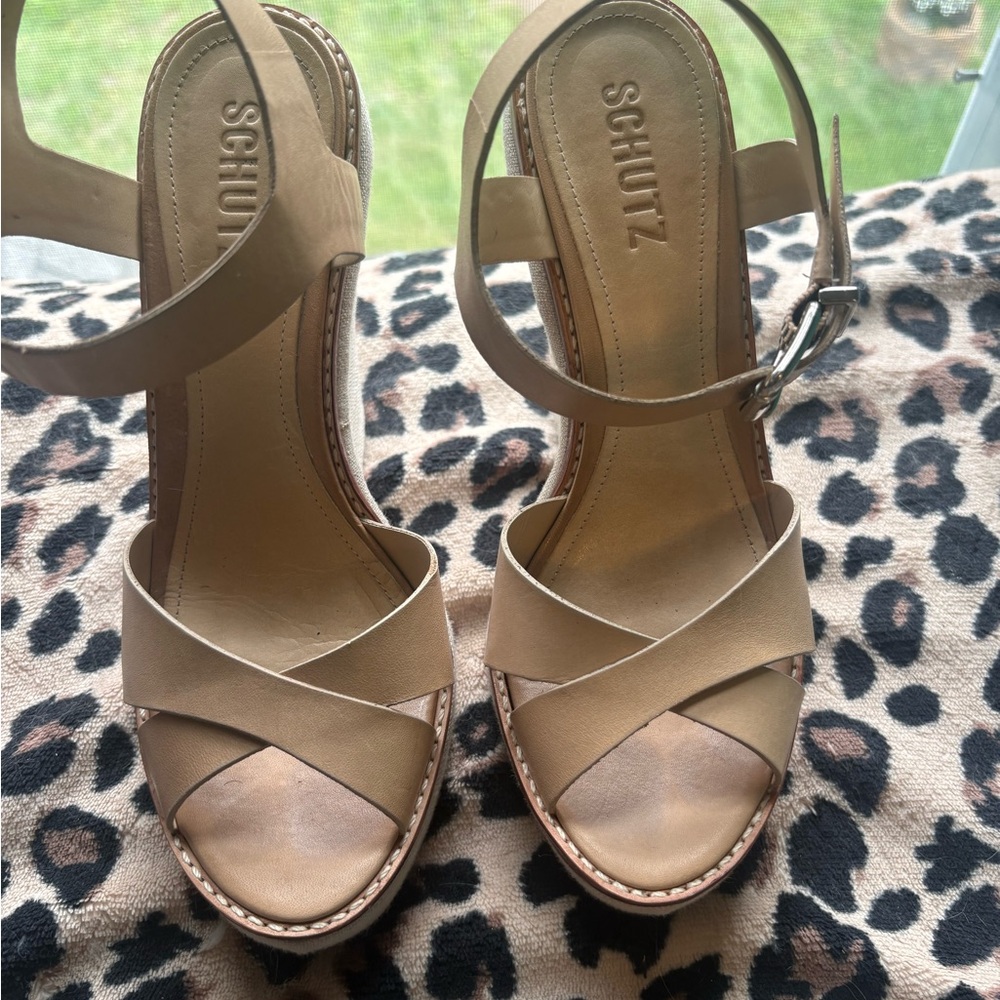 SCHUTZ Tan Leather Crisscross Ankle Strap Heels